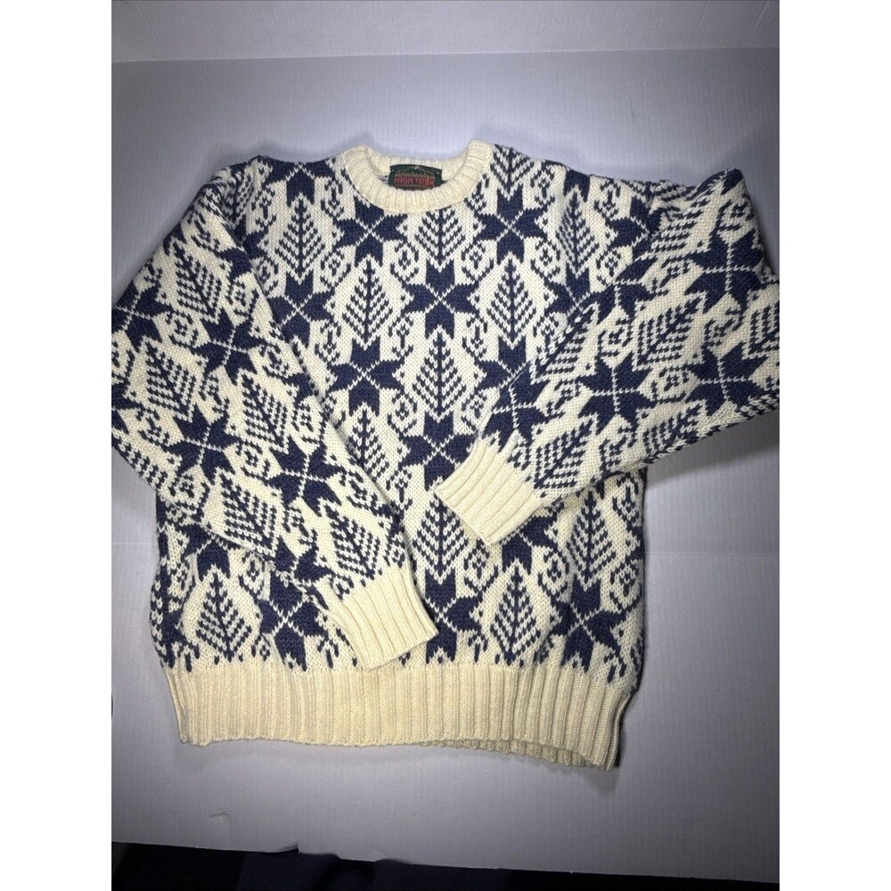 Vtg High Trek 80’s USA Nordic Wool Sweater Lord Jeff Cream/Blue L Fisherman